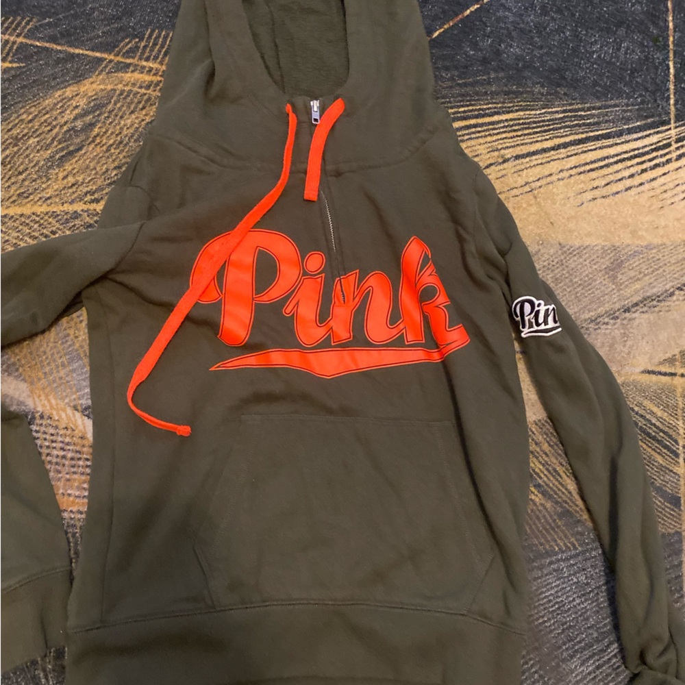 Women’s size small PINK pullover hoodie. Color: olive green and orange